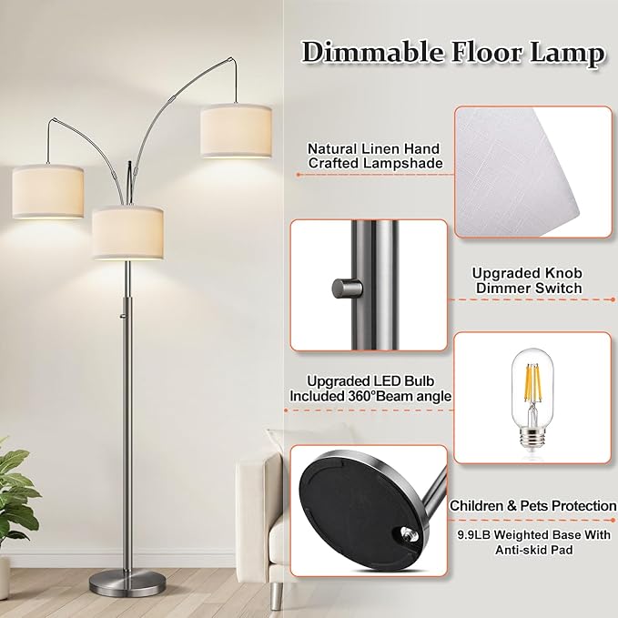 Nintiue Dimmable Floor Lamp - 3 Lights Brushed Nickel Arc Floor Lamps for Living Room,1000LM Modern Tall Standing Lamp with White Shades,Mid Century Tree Floor Lamp for Bedroom,3 LED Bulbs Included