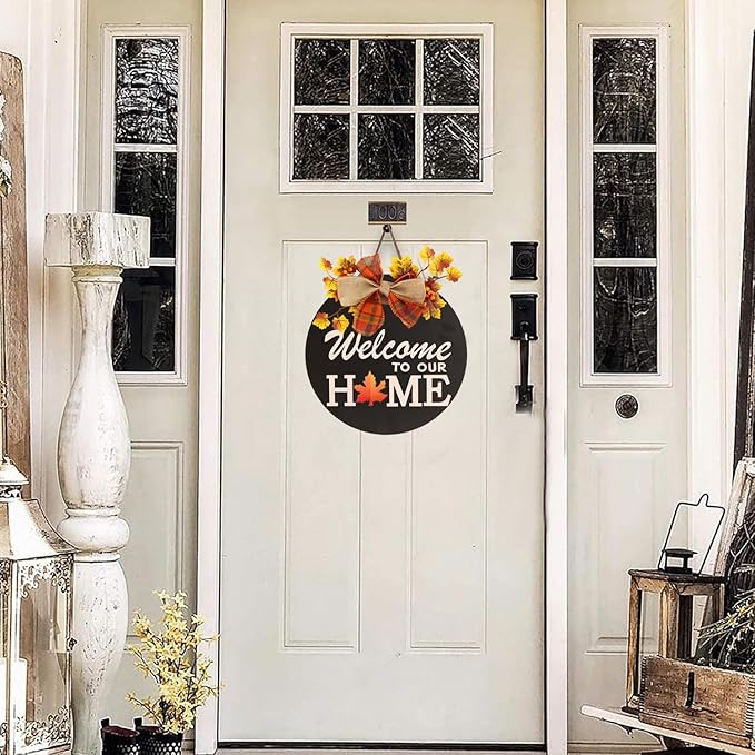 Interchangeable Welcome Sign for Front Door Decoration with 4 Seasonal Wreaths and 14 Holiday Icons, Black Welcome Door Hanger, Rustic Wooden Front Porch Sign Home décor(Black)