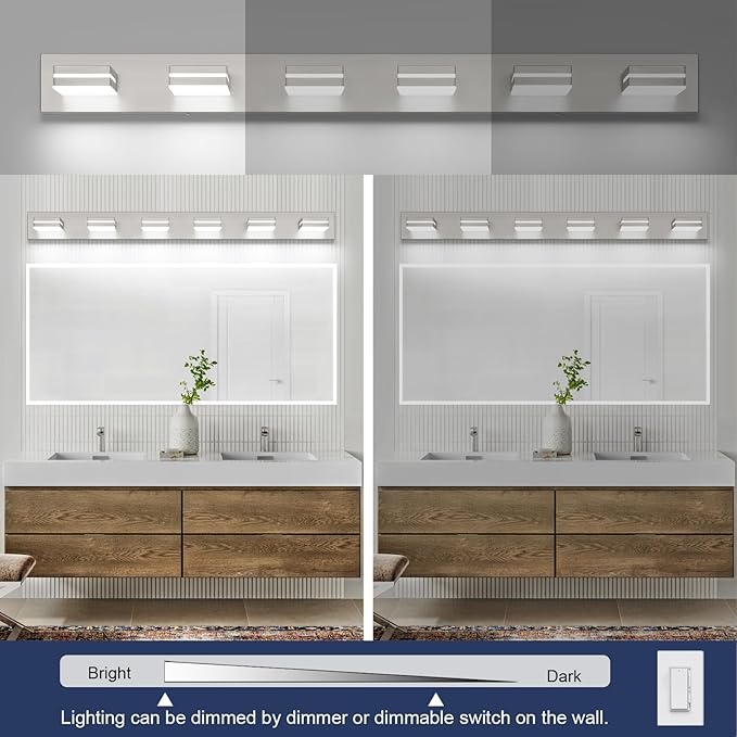 SineRise LED Modern Bathroom Vanity Light Fixtures (6-Light, 48-Inch, Dimmable), Brushed Nickel Modern Acrylic Bathroom Wall Lighting Fixtures Over Mirror (Cool White 6000K)