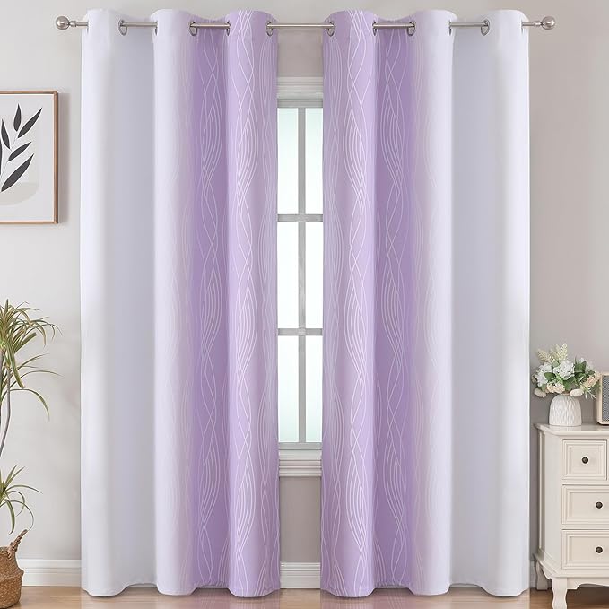 Estelar Textiler Lilac and Greyish White Room Darkening Blackout Curtains 84 Inches Long for Living Room, Thermal Insulated Ombre Light Blocking Grommet Blackout Drapes for Bedroom, 42Wx84L, 2 Panels