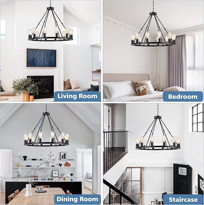 9MMML 12 Lights Black Wagon Wheel Chandelier, Industrial Farmhouse Globe Kitchen Island Pendant Light, Globe Dining Room Lights Fixtures for Foyer Entryway Living Room. E26, Height Adjustable,31.5".