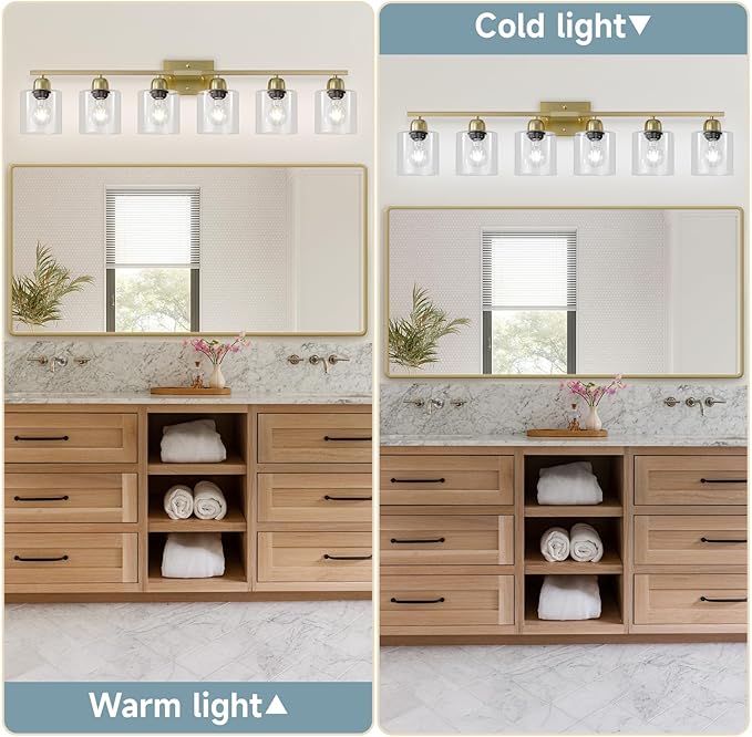 6 Light Gold Bathroom Vanity Light, Gold Vanity Lights for Bathroom with Clear Glass, 38 inch Wall Lamp for Oversized Mirrors Living Room Bedroom Hallway E26 Base