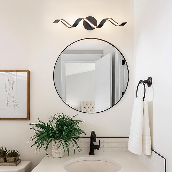 Dimmable Modern Bathroom Vanity Lights, 24 inch Spiral Design Black LED Bathroom Wall Light Fixtures Over Mirror for Living Room Bedroom 3000K Warm Light