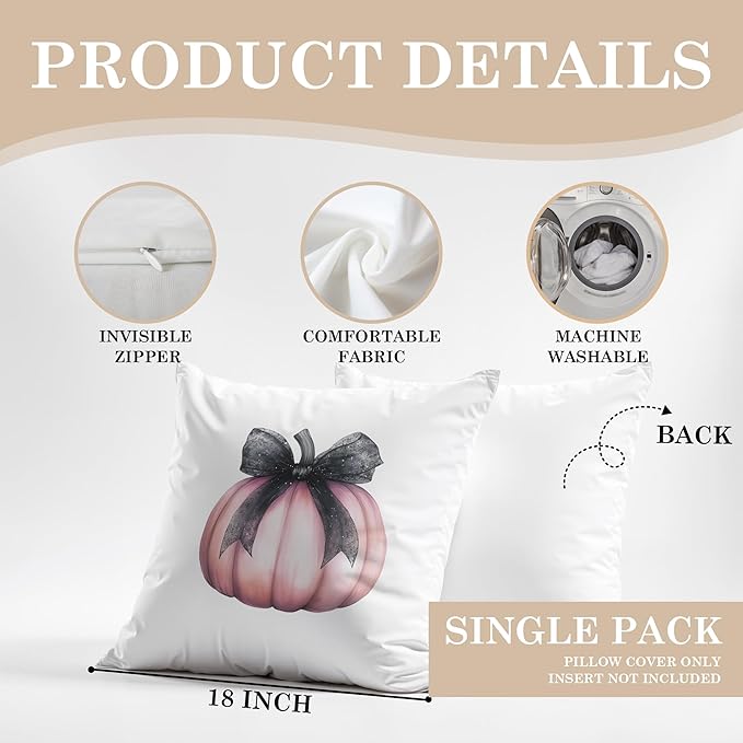 Coquette Pink Pumpkin Black Bow Fall Pillow Covers 18x18, Preppy Fall Decor, Pink Girly Pumpkin Autumn Decorative Throw Pillow Covers for Girls Room Home Dorm Bedroom Living Room