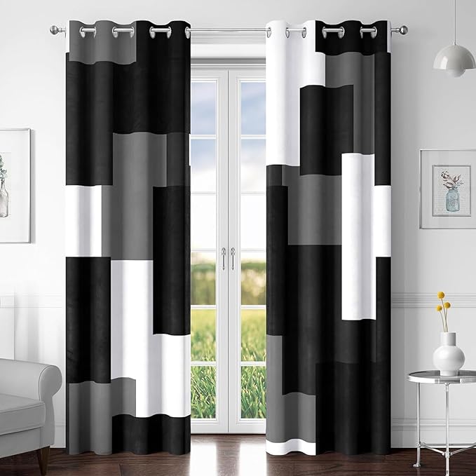 Black Grey 100% Blackout Curtains for Bedroom 108 inch Extra Long 2 Panels Set White Grey Modern Abstract Geometric Black Out Curtains Room Darkening Window Drapes for Living Room, 52Wx108L