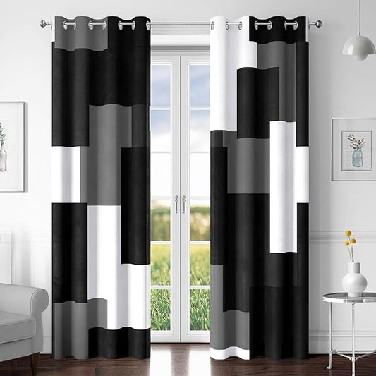 Black Grey 100% Blackout Curtains for Bedroom 108 inch Extra Long 2 Panels Set White Grey Modern Abstract Geometric Black Out Curtains Room Darkening Window Drapes for Living Room, 52Wx108L