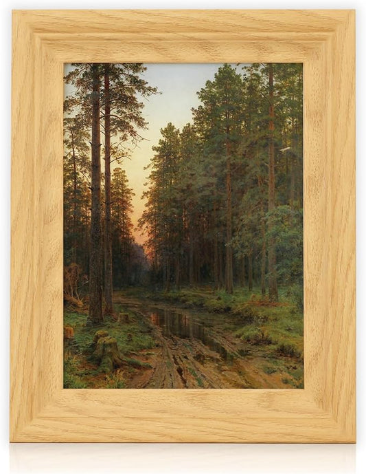 Brivoria Framed Canvas Wall Art Vintage Decor, Rustic Autumn Forest Print with Pine Trees, Muddy Path, Sunset Glow and Water Reflections for Entryway Tabletop or Reading Nook Fall Display, 8"x10"
