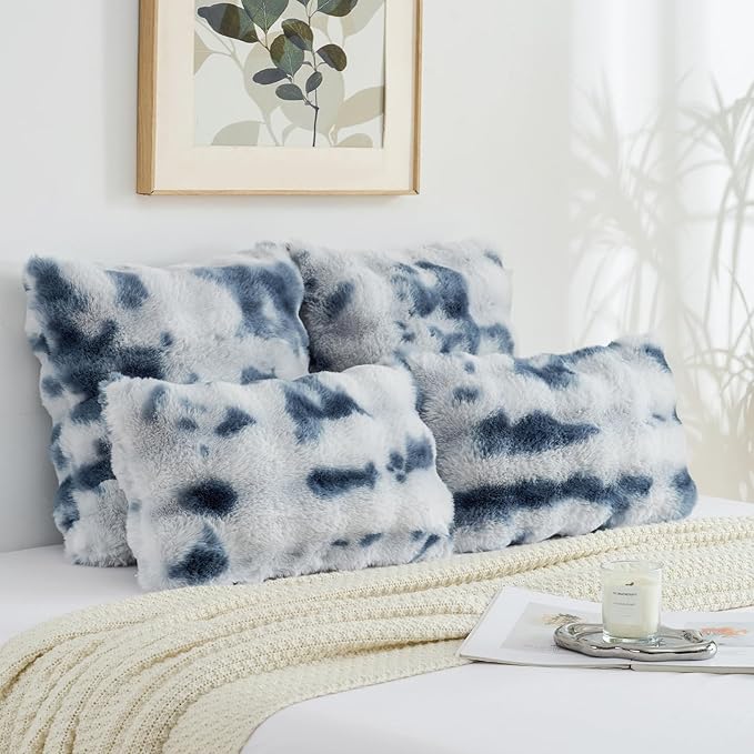 FUTEI Blue White Decorative Throw Pillow Covers 26x26 Inch Set of 2,Soft Fuzzy Faux Rabbit Fur Euro Pillow Shams with Raised Texture,Neutral Boho Home Decor for Couch Bed Living Room