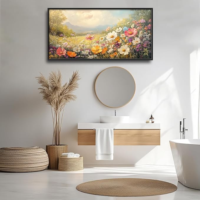 Colorful Wildflower Framed Wall Art for Living Room, Large Gesang Flower Canvas Wall Decor, Wildflower Pictures Painting, Modern Artwork for Bathroom Bedroom 60L'' × 30W''