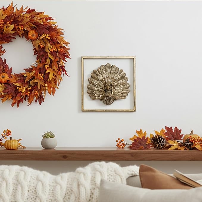 Animal Heads Wall Decor ( Includes Metal Frame) Christmas Indoor Decor Resin Animals Sculptures Head Wall Hanging Thanksgiving Decoration Gold vintage Wall Sculpture for Living Room Bedroom Office(Turkey)