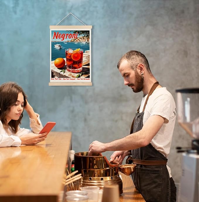 Yomisex Classic Negroni Cocktail Wall Art Poster, Vintage Italian Orange Alcohol Mediterranean Coastal Seaside Canvas Prints Wall Art Framed for Bar Pub Restaurant Decor, 12x16 Inch