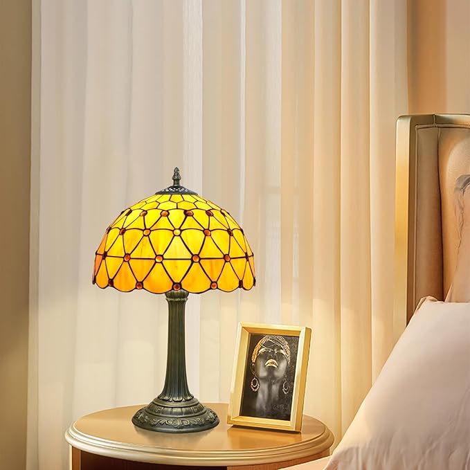 Tiffany Style Stained Glass Table Lamp Handmade Orange Tea Beads 12 Inch Warm Light Bedside Lamp For Bedroom Dorm Offee Shop Reading Study Home Decor Art Gift Retro Atmosphere Lighting Nightstand Lamp