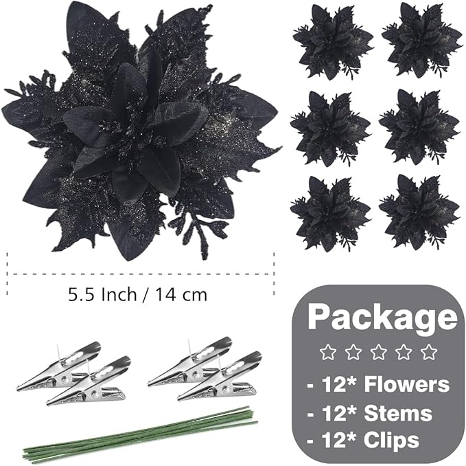 Christmas Poinsettia Artificial Flowers Decorations 5.5" Christmas Tree Wreaths Garland Decoration 12 Pcs Glitter Flowers Picks Decor for Xmas New Year Wedding Party Ornaments (Black)