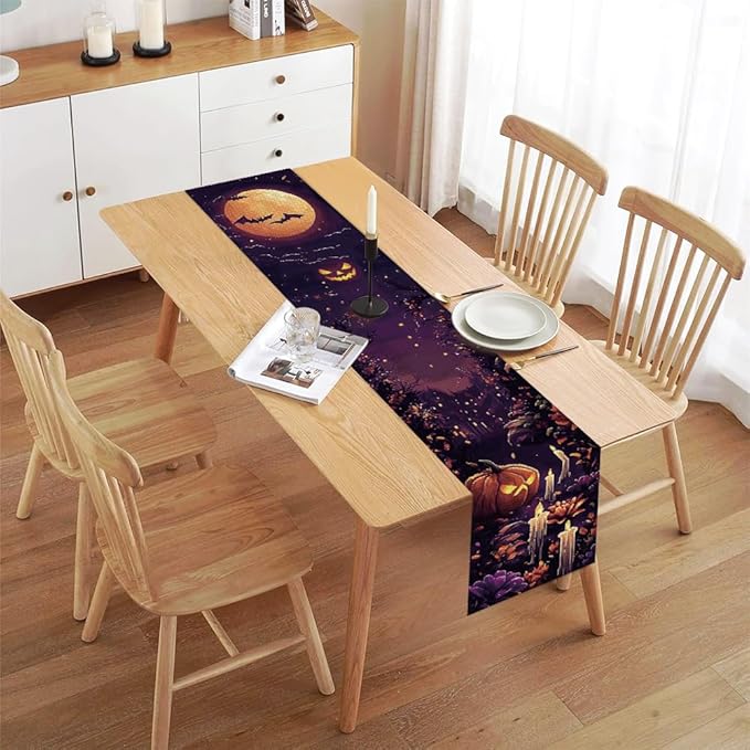 ANNA QUEEN Candle Pumpkin HalloweenTable Runner 13 x 72 Inch for Dining Table, Table Runner for Halloween Holiday Dining Decor Indoor Outdoor Party Home Table Decoration