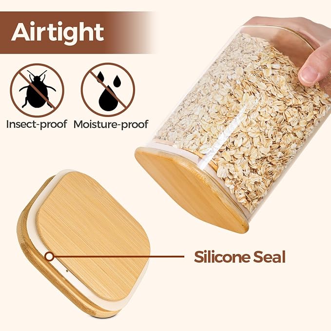 ComSaf Glass Storage Containers with Lids, 1.2 Qt Glass Jars with Lids, Clear Food Storage Jar, Canister For Pantry Cookie Flour Cereal Rice Sugar Tea Coffee Beans Spice, Square Set of 4