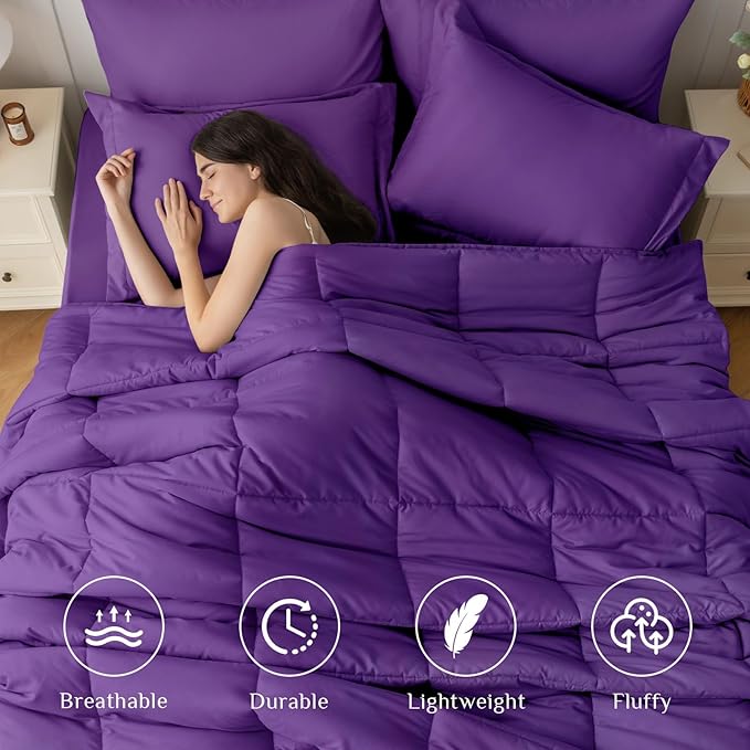 JOLLYVOGUE California King Comforter Set, Ultra-Soft Bed in a Bag Cal King Size 7 Pieces, Oeko-TEX Certified Bedding Set with Down Alternative Comforter, Sheets, Pillowcases & Shams, Purple