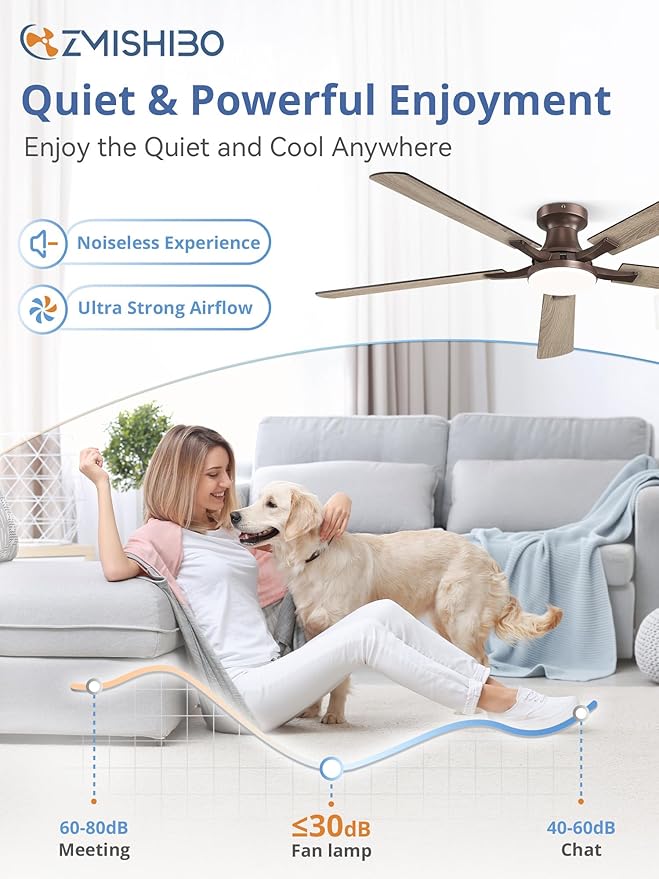 ZMISHIBO 60 Inch Ceiling Fan with Light, App&Remote Control, Flush Mount Low Profile, Dimmable 20W LED Light, Quiet Reversible Motor for Bedroom, Living Room, Apartment, Brown