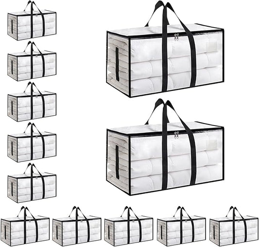 12 Pack-Extra Large Heavy Duty Moving Bags - Waterproof Storage Totes with Handles & Zippers, Foldable for College Dorm, Storage (Clear)