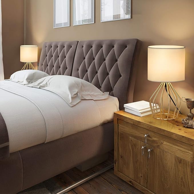 HAITRAL Gold Table Lamp - Modern Style Desk Lamp with Hollowed Out Base Linen Fabric Shade, Small Golden Bedside Lamp for Bedrooms, Living Room