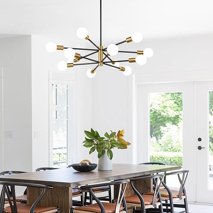 33" Modern Chandelier Ceiling Light Fixture, 12-Light Sputnik Chandeliers Gold and Black Mid Century Chandelier Over Table, Height Adjustable Chandeliers for Dining Room Living Room Kitchen Island