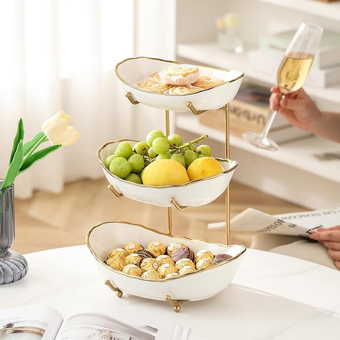 Ceramic Fruit Bowl for Kitchen Counter - 3 Tier Fruit Basket with Metal Stand, Tiered Fruit Stand for Countertop, Snack, Nuts, Cake, Dessert, Small & Cute (Gold-rimmed)