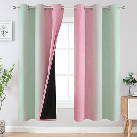 Estelar Textiler Sage Green and Pink Ombre Blackout Curtains 72 Inches Length for Bedroom, Thermal Insulated Light Blocking Grommet Gradient Blackout Drapes for Living Room, 42Wx72L, 2 Panels