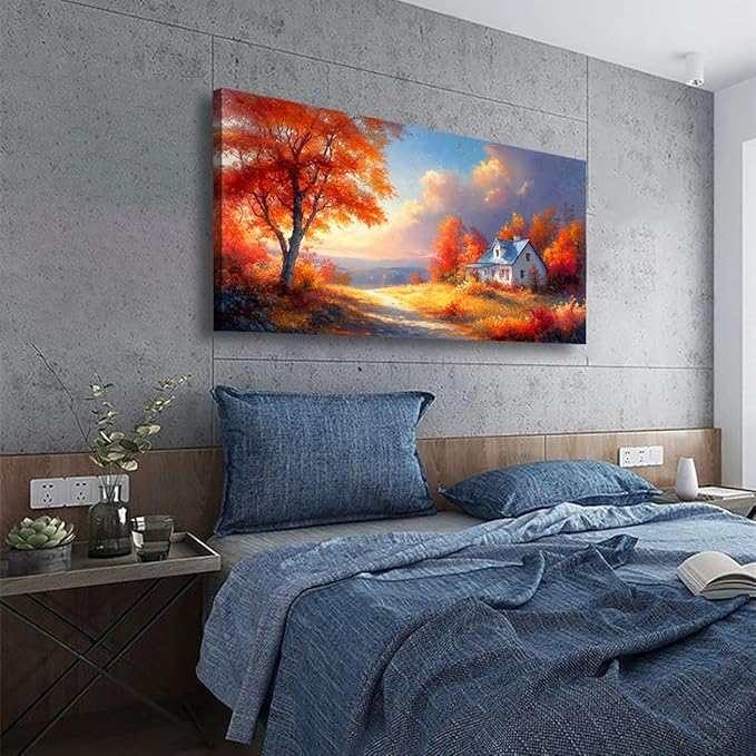 Village House Red Tree Canvas Wall Art Bedroom Wall Decor Living Room,Autumn Scenery Wall Art Office Kitchen Paintings Artwork Modern Abstract Pictures Art Prints Waterproof Ready to Hang-20x40inch