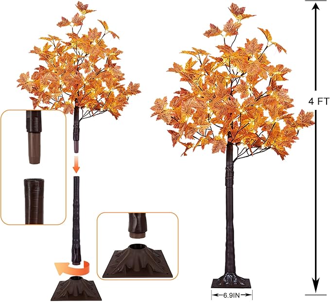 LIGHTSHARE 2PCS 4FT 144LED Artificial Lighted Maple Tree Warm White Halloween Fall Decorations Indoor Outdoor, Orange
