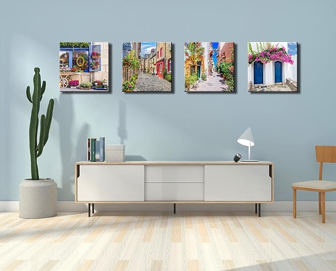 Italy Tuscan Wall Art, Colorful Nature Scenic Framed Pictures Canvas Prints, Modern Town Street Artwork Paintings for Living Room, Bedroom, Office Wall Decor