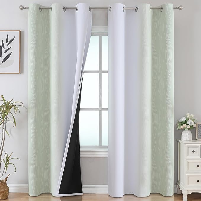 Estelar Textiler Sage and Greyish White Room Darkening Blackout Curtains 84 Inch Length 2 Panels Set for Living Room, Thermal Insulated Ombre Light Blocking Grommet Blackout Drapes for Bedroom,42Wx84L