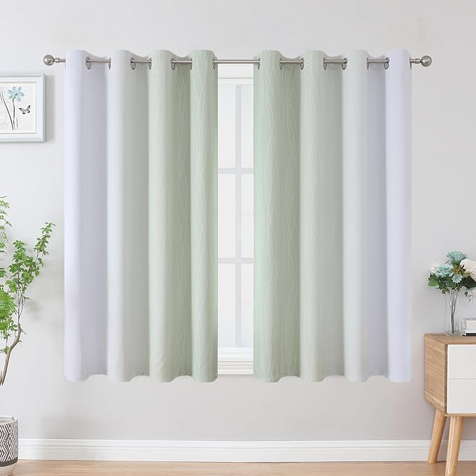 Estelar Textiler Sage and Greyish White Blackout Curtains 45 Inch Length, Light Blocking Gradient Drapes for Kitchen, Thermal Insulated Grommet Ombre Curtains for Bathroom,52Wx45L,2 Panels