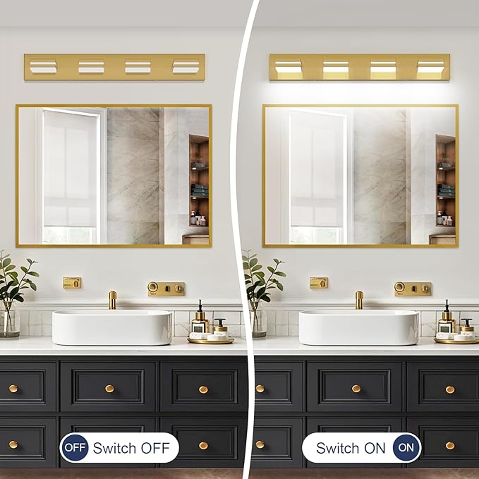 SineRise LED Modern Bathroom Vanity Light Fixtures (4-Light, 30-Inch), Brass Modern Acrylic Bathroom Wall Lighting Fixtures Over Mirror (Cool White 6000K)