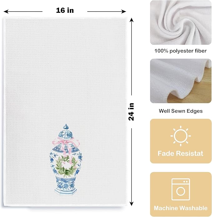 Blue and White Porcelain Kitchen Towels and Hand Towels, 16x24 Inches - Pink Coquette Bow Design, Chinoiserie Decor