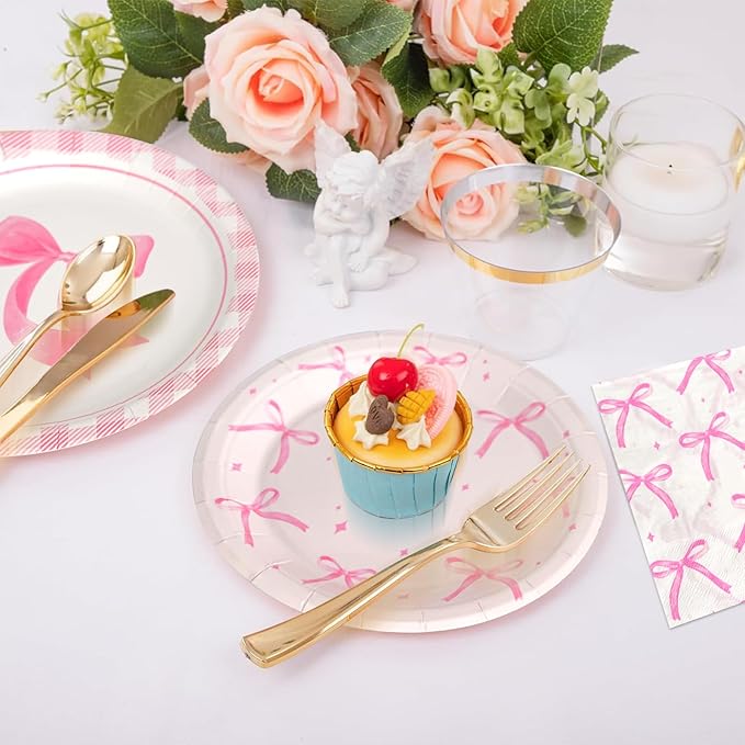 180Pcs Pink Bow Party Supplies Paper Plates and Napkins Serve 60 Disposable Tableware Set for Birthday Party Decorations Game Day Family School Holiday Sports Events