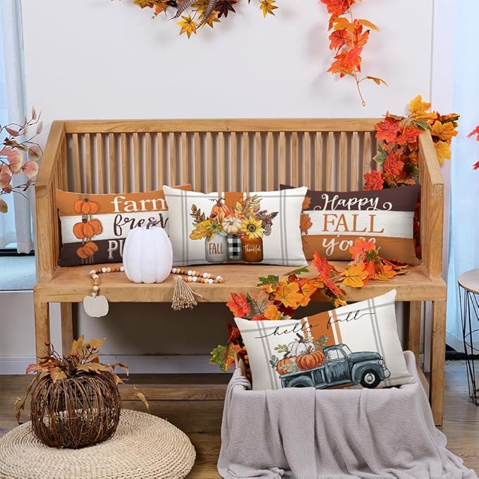 GEEORY Fall Pillow Covers 12 x 20 Inch Set of 4, Happy Fall Y'all Stripes Pumpkins Mason Jar Thankful Decor, Cushion Cases for Farmhouse Home Party Sofa Couch (Brown) G355-12