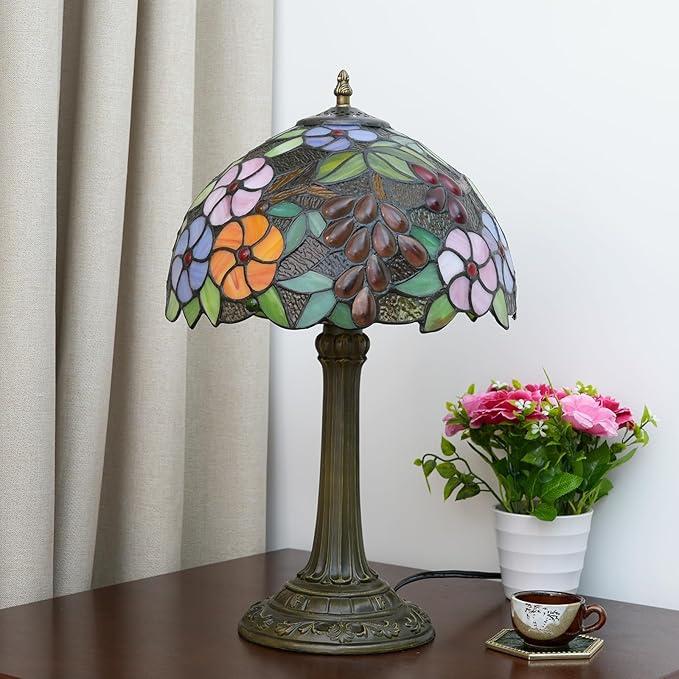 Tiffany Style Stained Glass Table Lamp 12-Inch Purple Grape Flower Reading Bedside Lamp Suitable for Study Living Room Bedroom Coffee Shop Retro Table Lamp Home Decoration Art