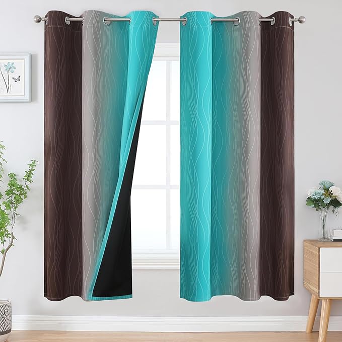 Estelar Textiler Brown and Teal Ombre Blackout Curtains 72 Inches Length for Bedroom, Thermal Insulated Light Blocking Grommet Gradient Blackout Drapes for Living Room, 42Wx72L, 2 Panels