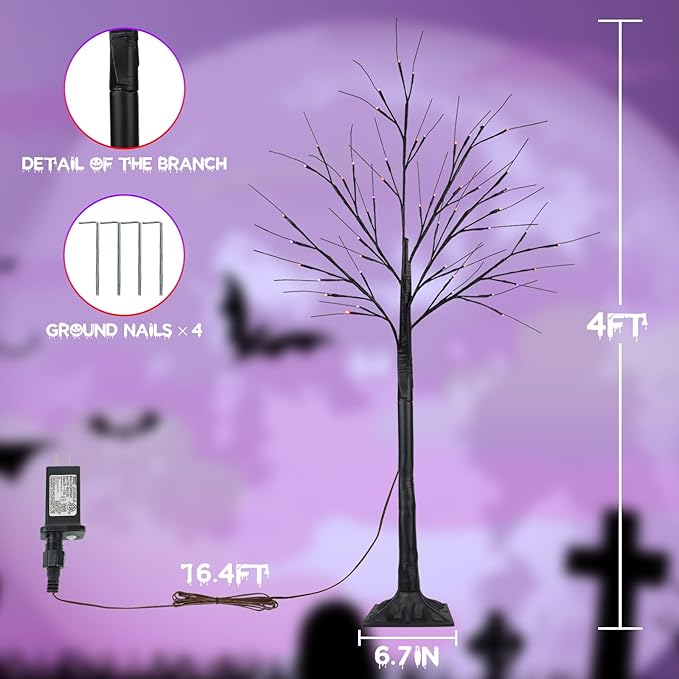 2Pack 4FT 100LED Black Halloween Tree with Lights, Timer Function with Higher Size Black Tree with Purple and Orange Lights, Spooky Light up Trees for Indoor Outdoor Party Garden Halloween Decorations