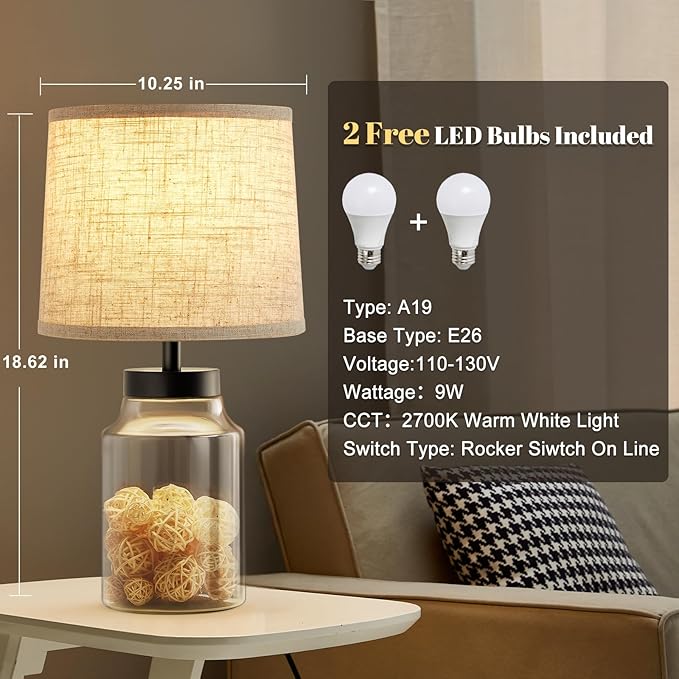 GyroVu Table Lamp Set, Fillable Table Lamp with Clear Glass Nightstand Lamp Set of 2 Beside Lamp for Living Room Bedrooms Office Bulbs Included(Oat Lampshade)