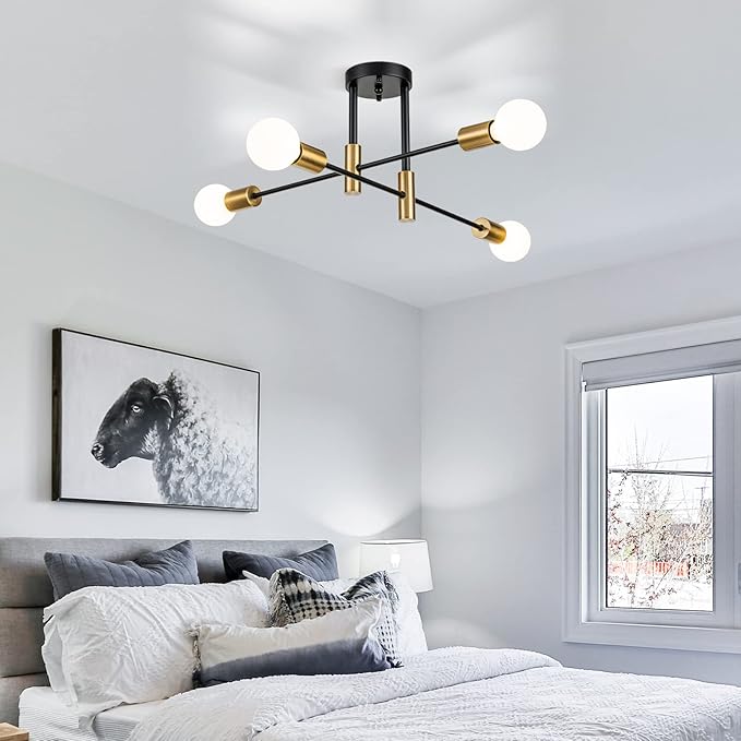 4-Light Black Modern Sputnik Chandeliers, Gold Semi Flush Mount Ceiling Light Fixture, Mid Century Farmhouse Kitchen Lighting Fixtures Ceiling Mount for Living Room Dining Room Bedroom