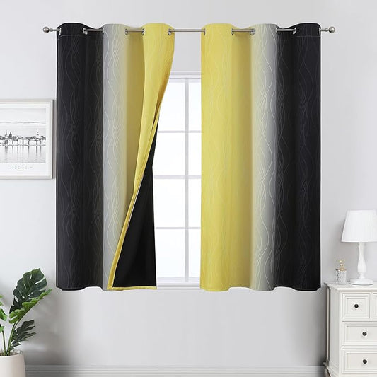 Estelar Textiler Black and Yellow Blackout Curtains 45 Inch Length, Full Light Blocking Gradient Grommet Drapes for Kitchen, Thermal Insulated Ombre Curtains for Bedroom, 42Wx45L, 2 Panels