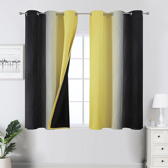 Estelar Textiler Yellow and Black Ombre Blackout Curtains 54 Inch Length, Full Room Darkening Gradient Drapes for Kitchen, Thermal Insulated Grommet Curtains for Short Window, 42Wx54L,2 Panels