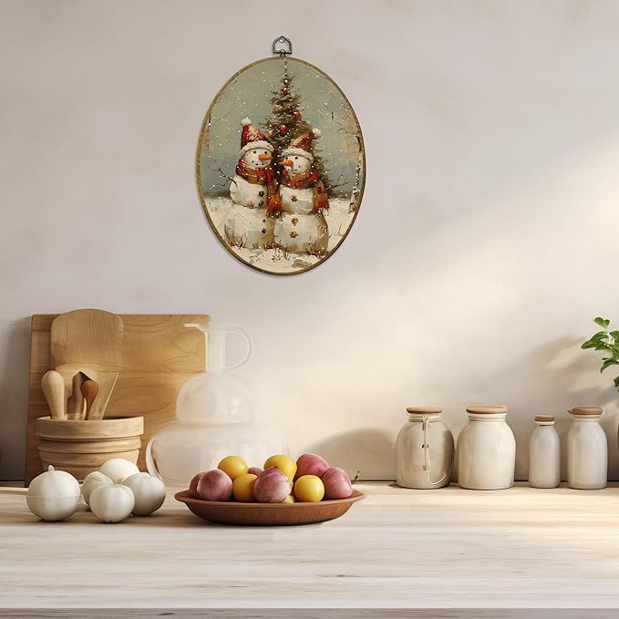 CUANFDDSF Vintage Christmas Snowman Oval Wall Art Decor, Farmhouse Rustic Winter Xmas Snowman Wall Hanging Decor, Retro Christmas Framed Canvas Prints for Home Bedroom Living Room, 8.6x11.4 Inch