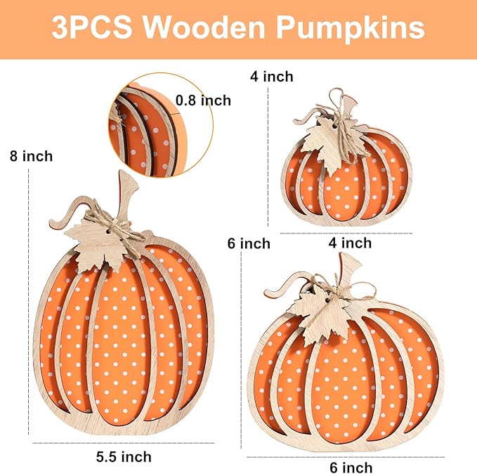 Fall Decor- 3pcs Wooden Pumpkin Decorations for Autumn Thanksgiving Home Table Shelf Mantel Fireplace Party Decor