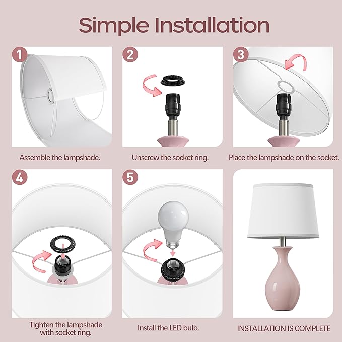 PARTPHONER Table Lamp Set of 2, Modern Ceramic Bedside Lamps for Night Stands, Classic Small Lamp Nightstand Lamp for Bedroom Living Room Desk End Table Rocker Swtich Pink