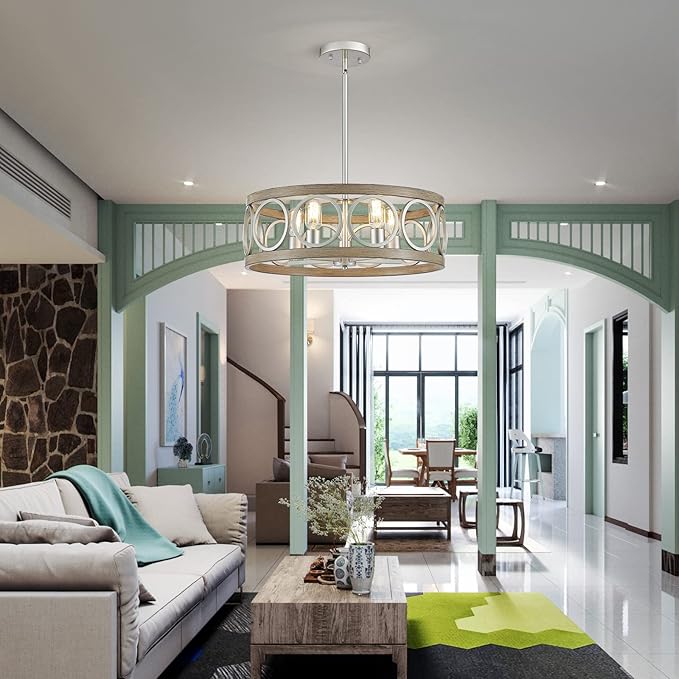 XINGQI 21.7'' Modern Farmhouse Chandelier Drum Pendant Lighting Fixture Hanging Ceiling Lamp for Living Dining Room Over Table, 5 Lights Antique Wood Grain Brushed Nickel with Round Metal