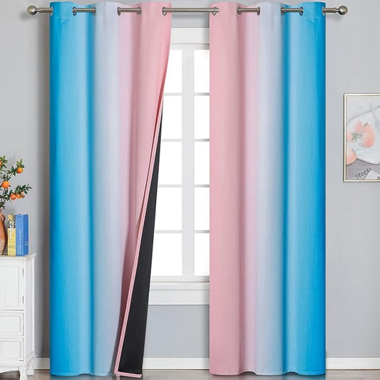 Pink and Blue Blackout Curtains 84 Inches Long, Ombre Grommet Thermal Insulated Blackout Curtains for Bedroom, Gradient Full Room Darkening Drapes for Living Room, 42x84 Inch,2 Panels