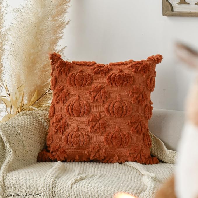 AVOIN colorlife Fall Pumpkin Maple Leaves Caramel Throw Pillow Covers, 16 x 16 Inch Seasonal Autumn Thanksgiving Harvest Soft Plush Faux Fur Jacquard Cushion Case Decoration for Sofa Set of 2