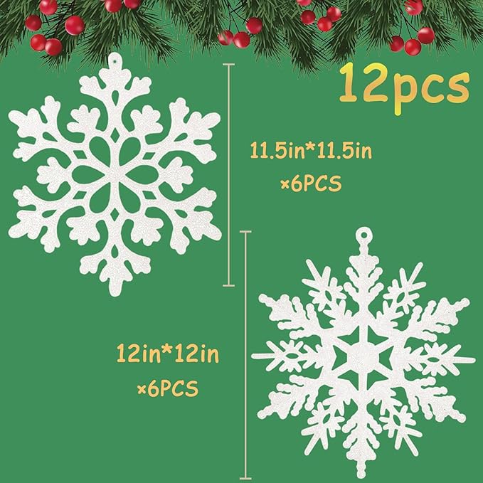 12pcs Large Christmas Snowflakes Decorations, 12" Big Plastic Glitter White Snowflake Ornaments for Winter Indoor Outdoor Christmas Tree Holiday Window Room Decor Craft Snowflakes