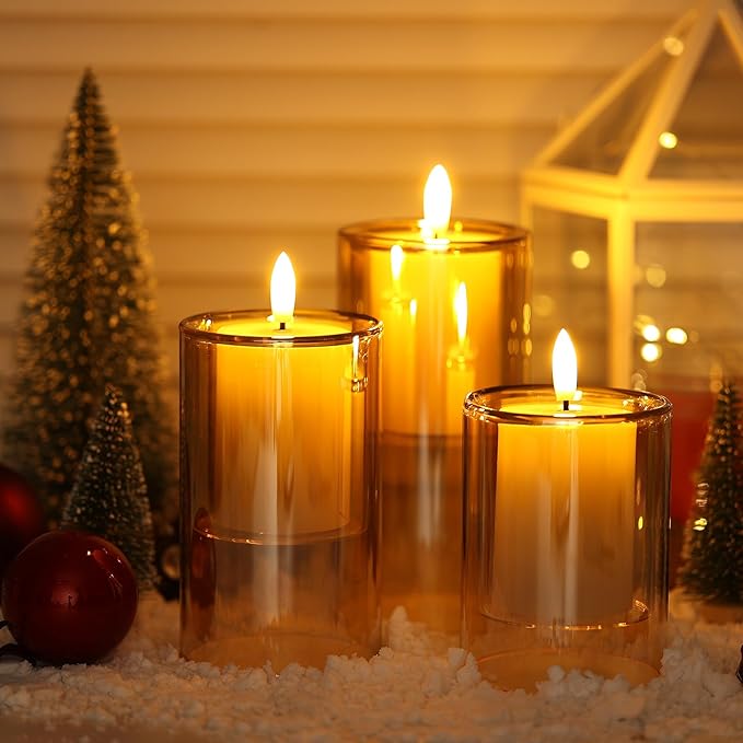 NURADA Flameless Candles with Remote Timer - Glass Real Wax 3D Wick LED Pillar Votive Candle Set Battery Operated Flickering Light for Home Christmas Decoration - Gold 3 Pack